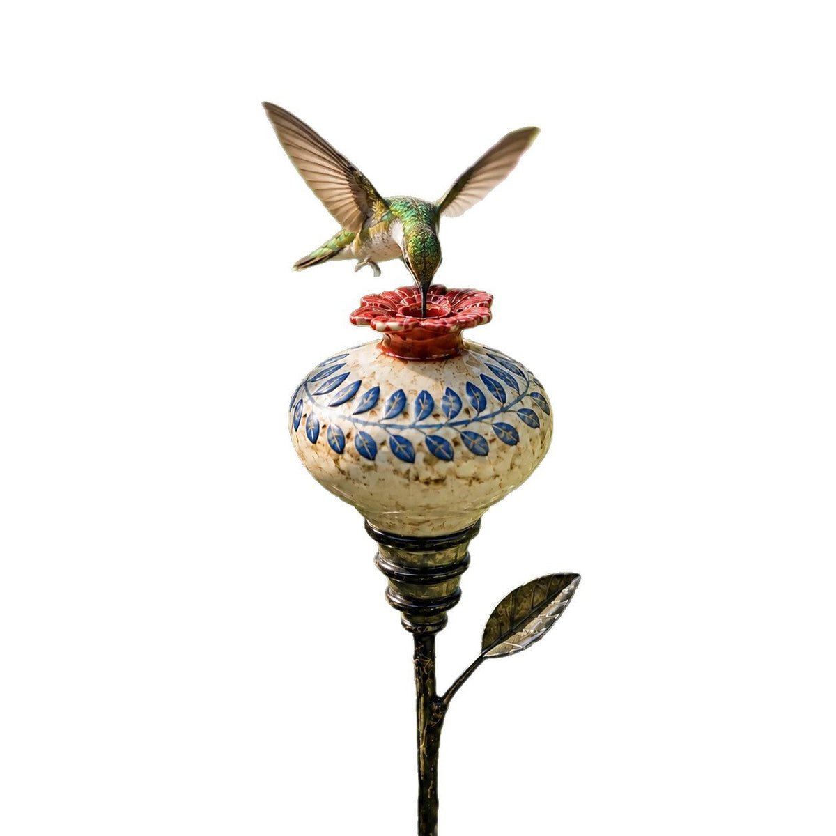 Ceramiczny karmnik dla kolibrów na paliku ogrodowym w stylu vintage