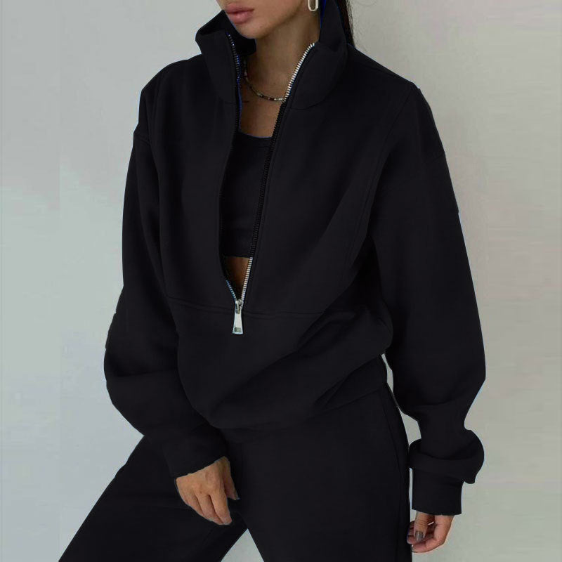 Damski dres z krótką bluzą rozpinaną pod szyją i spodniami dresowymi, ze stójką, o kroju oversize, z miękkiej dzianiny French terry