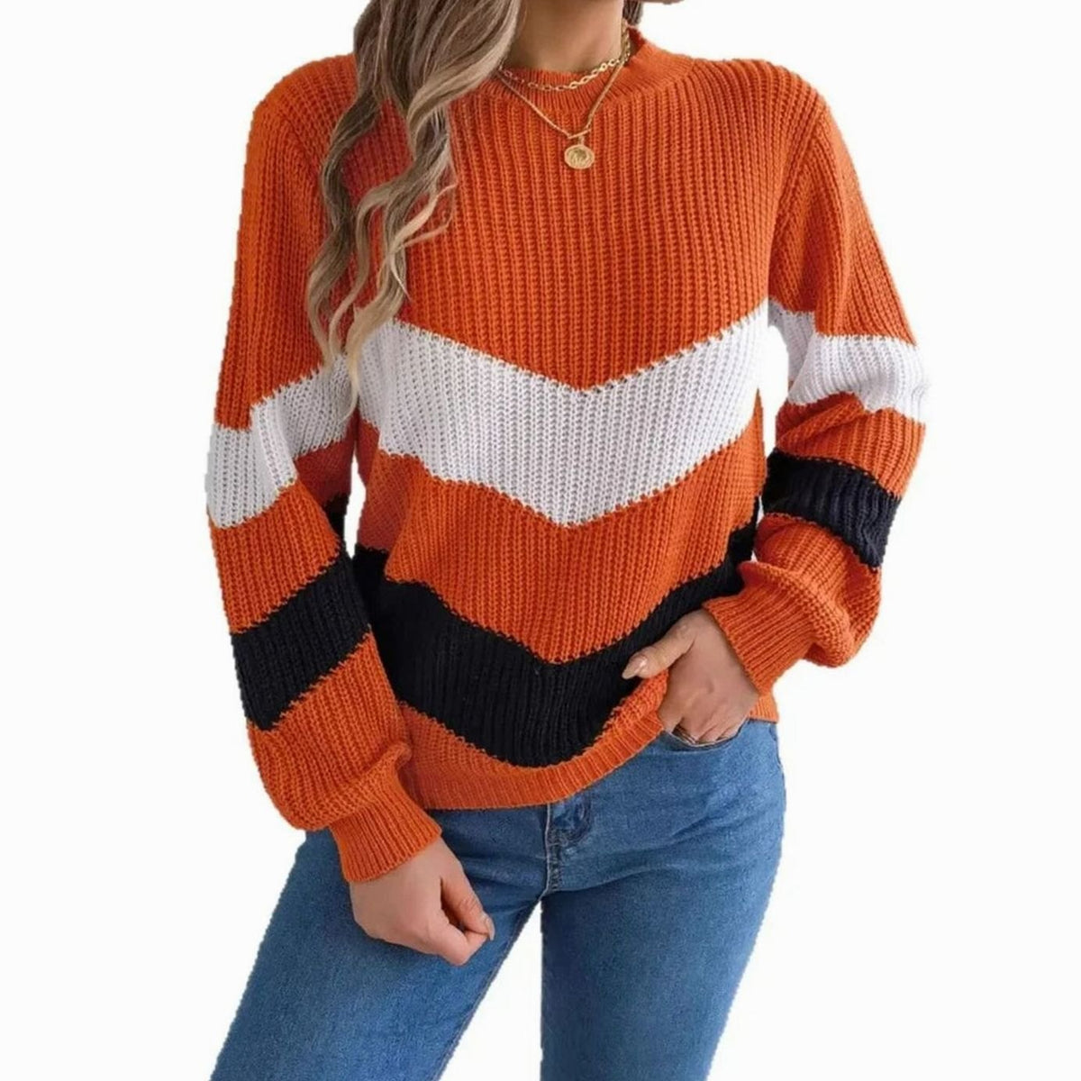 Damski dzianinowy sweter z okrągłym dekoltem color block we wzór w zygzak