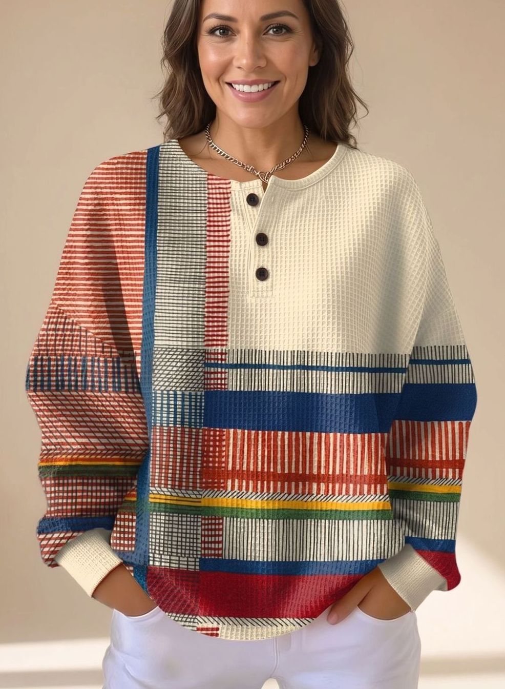 Damski sweter henley o luźnym kroju o splocie waflowym w bloki kolorów