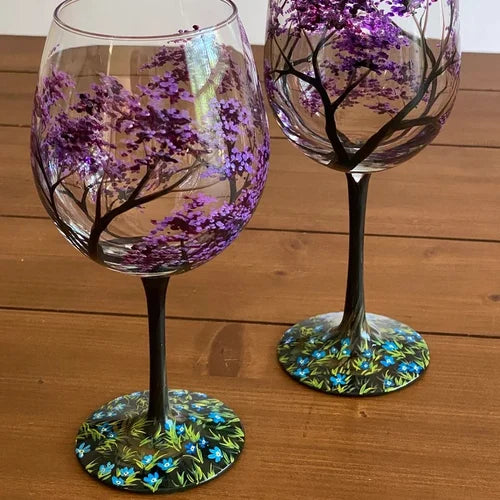 Glevato | Hand Painted Four Seasons Tree Wine Glasses | Unique Art