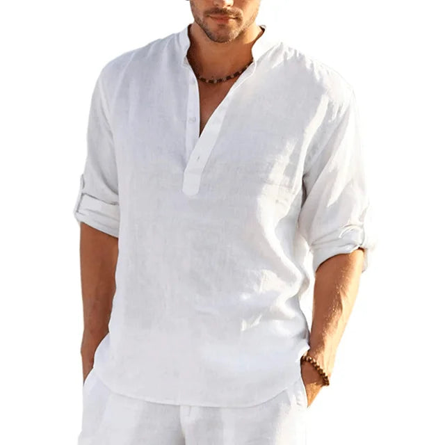 Glevato | Men's Mandarin Collar Shirt – Relaxed Fit Long Sleeve Henley