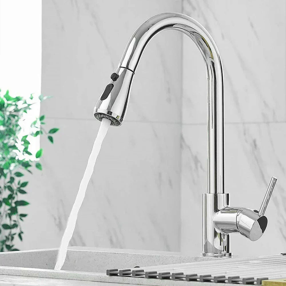 Glevato | Pull-Out Faucet with Single Lever Mixer – Flexible Faucet with Shower Function, High Quality Stainless Steel, Ideal for Modern Kitchens, Easy Installation