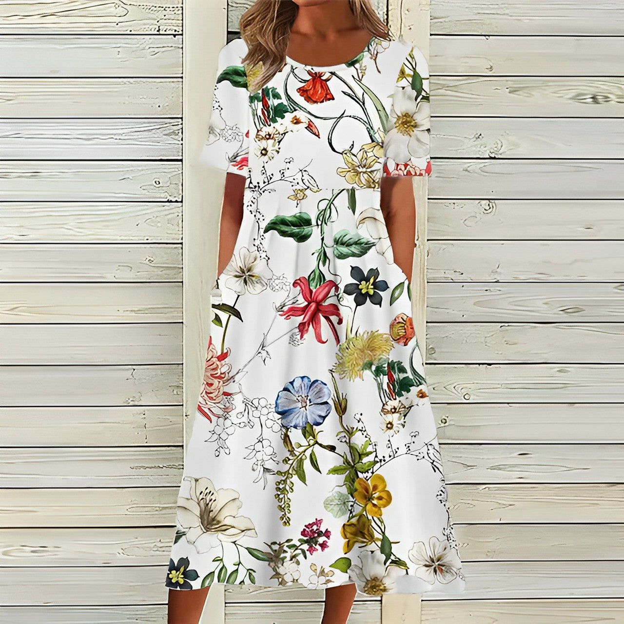 Glevato - Stylish White Dress with Floral Pattern