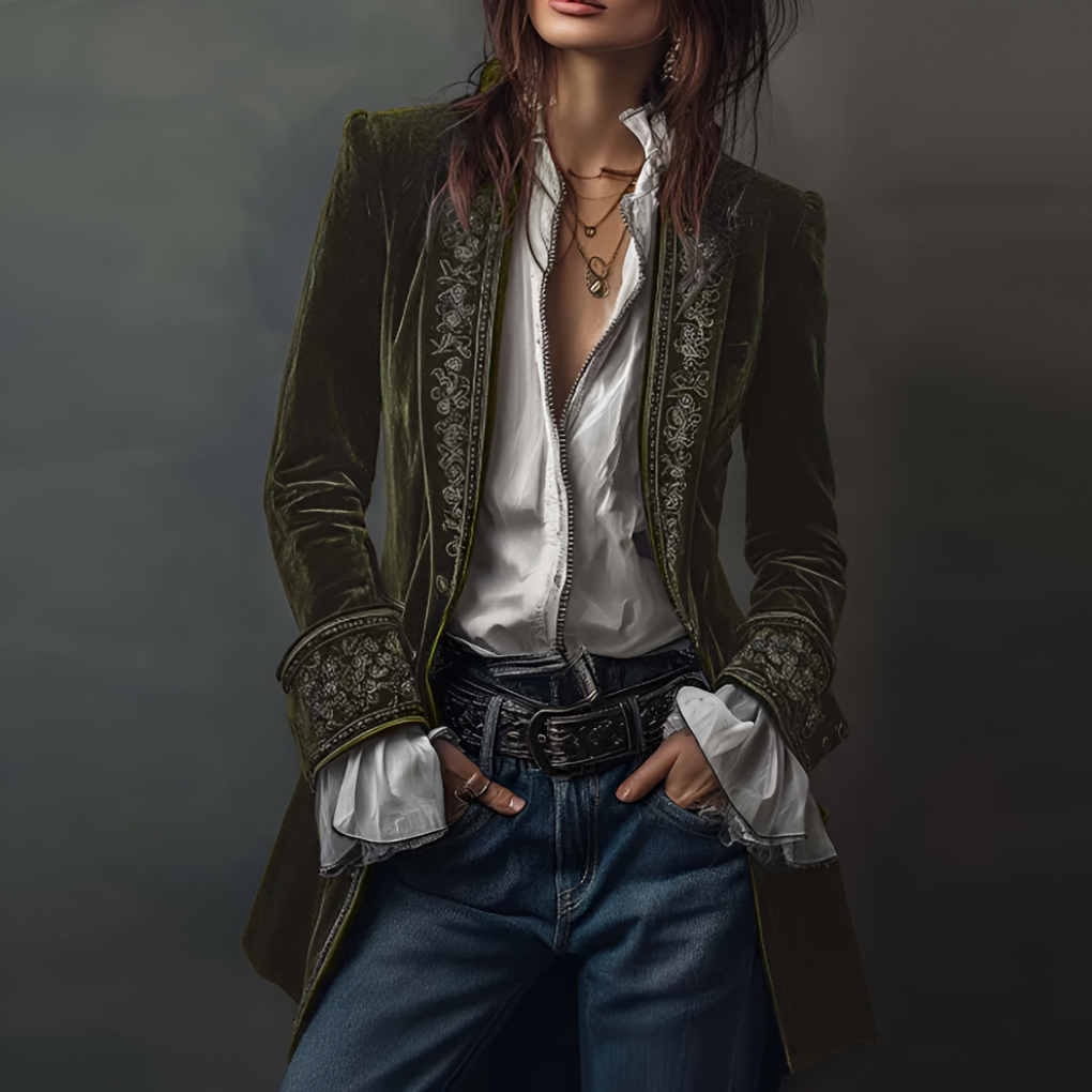 Glevato | Women's Embroidered Velvet Blazer Long Jacket