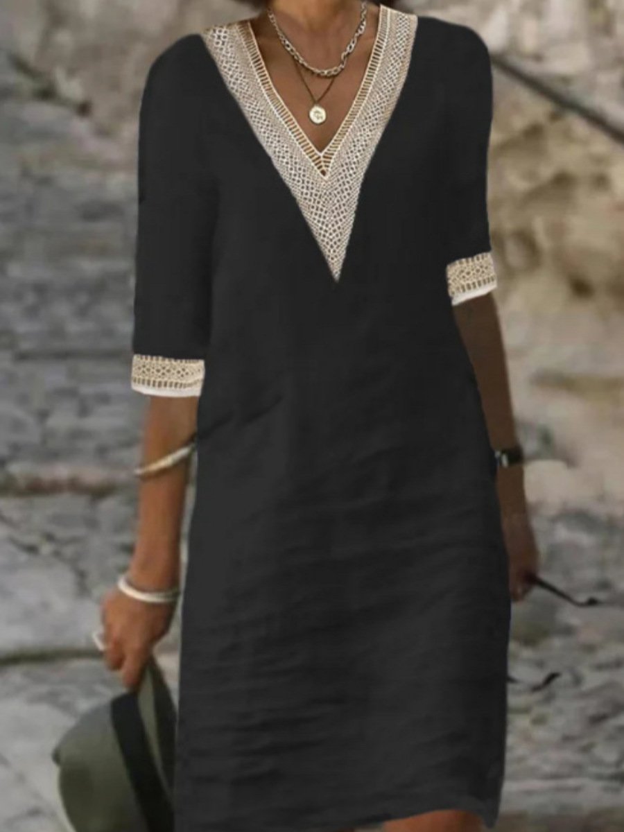Glevato | Women's Lace Trim V-Neck Casual Dress