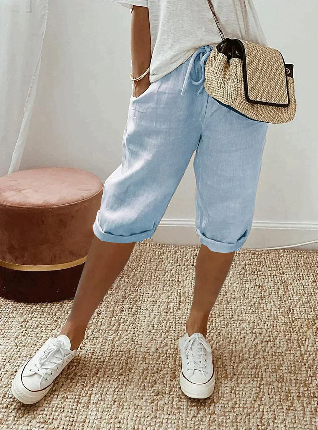 Glevato | Women's Linen Cropped Pants with Drawstring