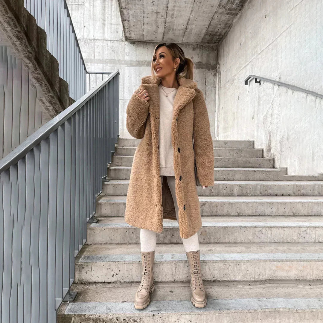Glevato | Women's Long Teddy Coat with Lapel Collar