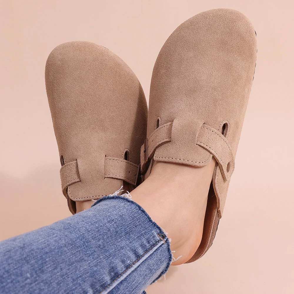 Glevato | Women's Suede Cork Clogs with Buckle Strap