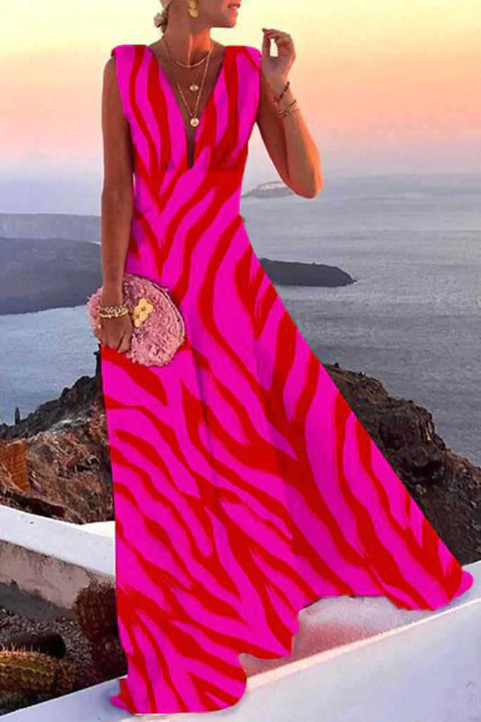 Glevato | Women's V-Neck Maxi Dress with Geometric Print