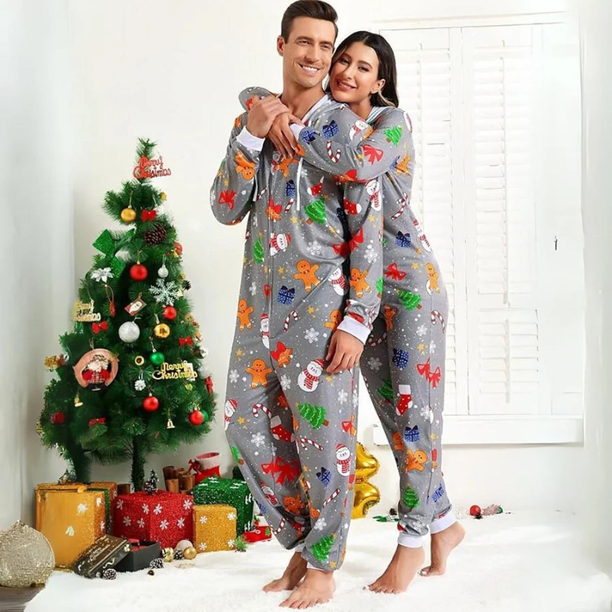 Kombinezon Onesie dla dorosłych - świąteczny zestaw dla par z zamkiem błyskawicznym