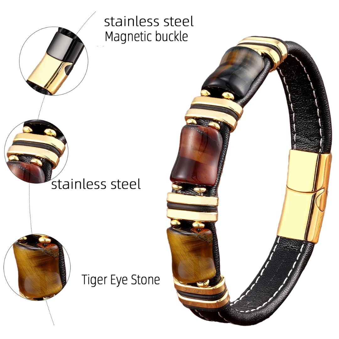 Tiger's Eye Natural Stone Leather Bracelet | Women's Jewelry