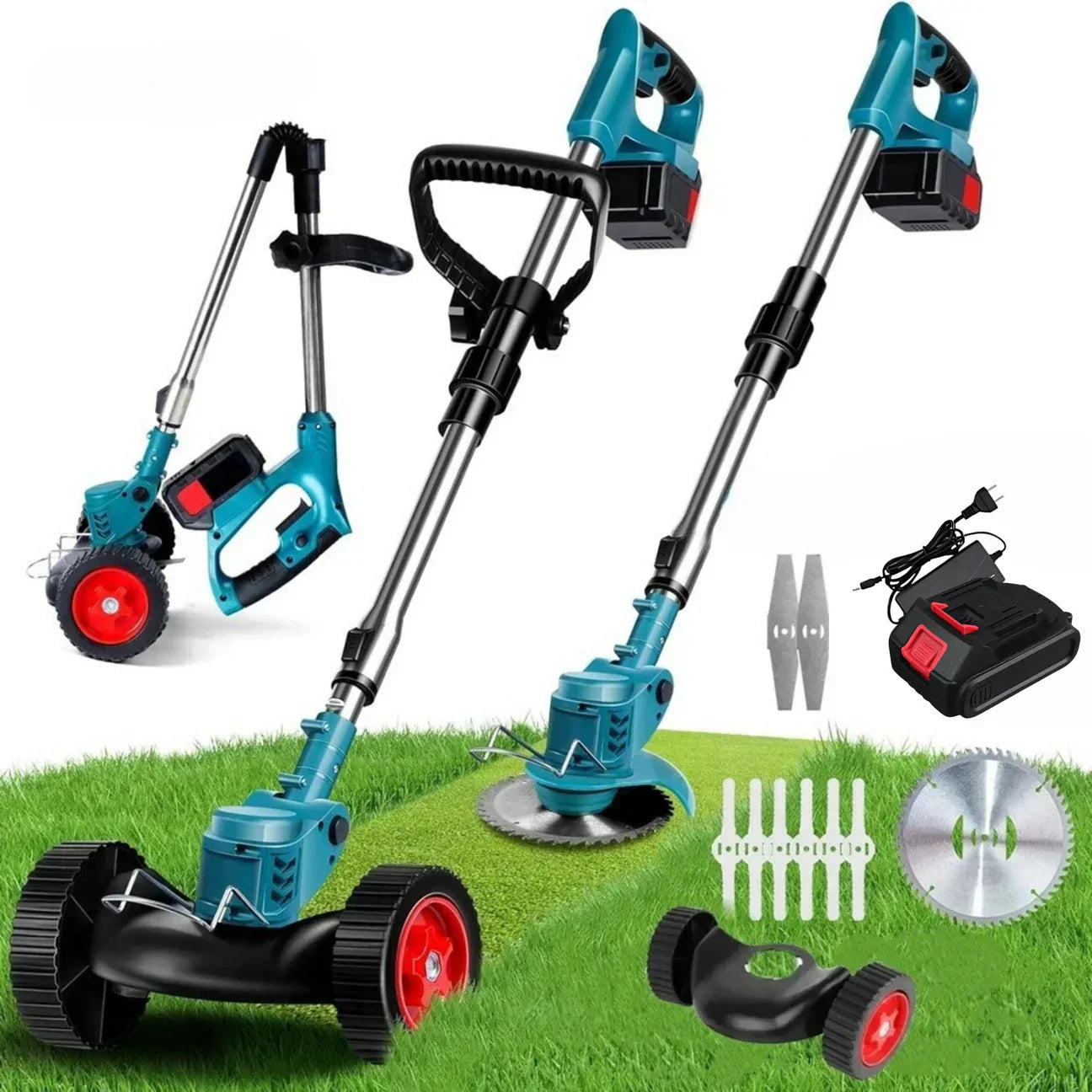 Wireless & Foldable Grass Trimmer 36V – Adjustable Height, Wheels & 3 Blade Types