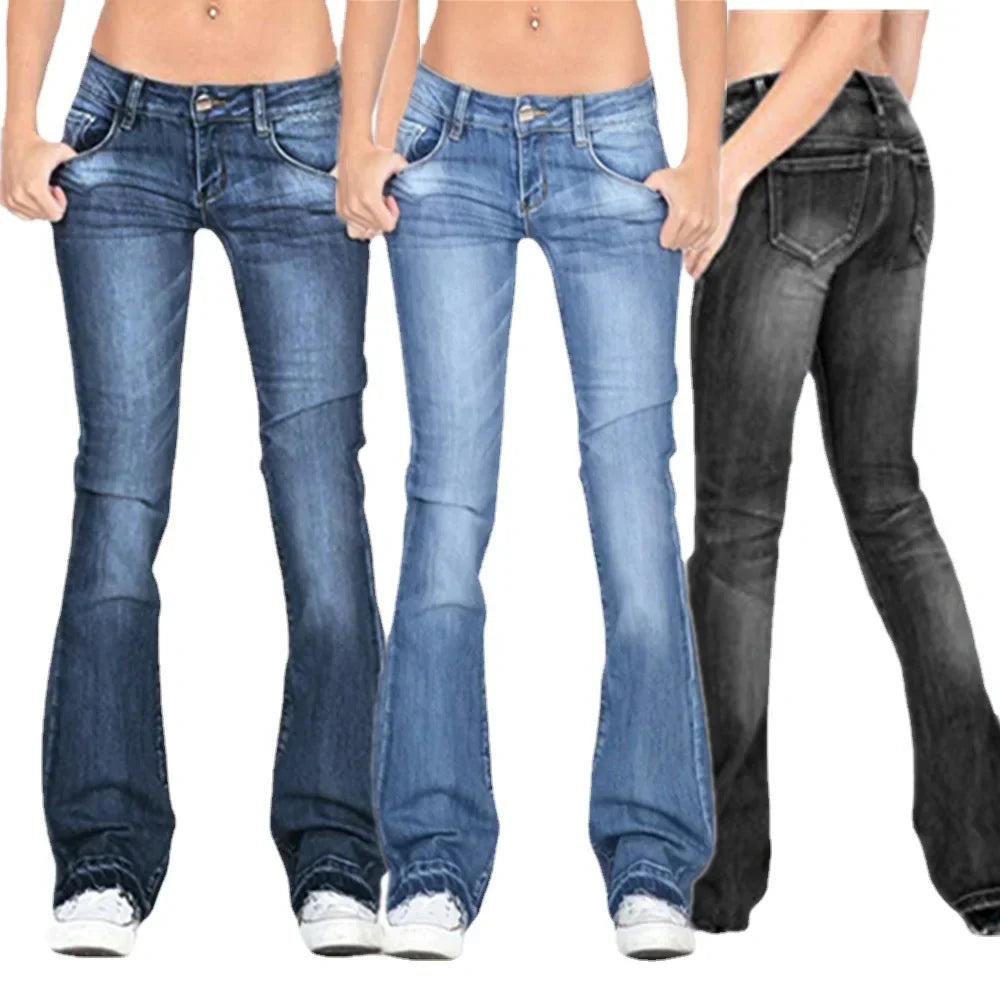 Women's Denim Low-Rise Flared Jeans with Casual Vintage Look & Flared Leg | Glevato
