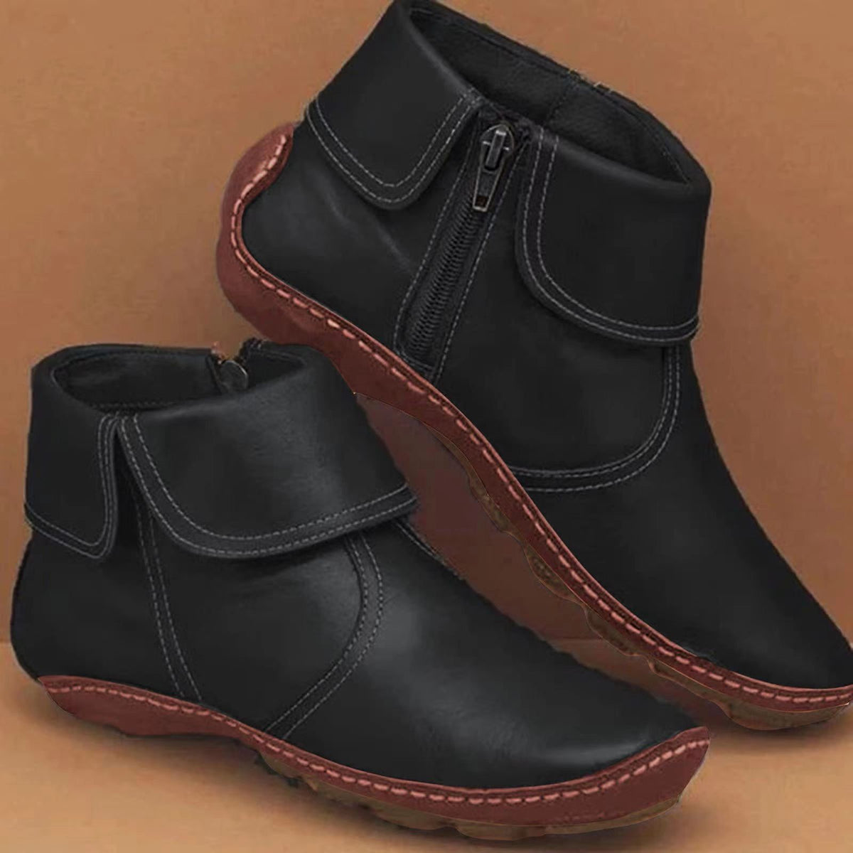 Botki damskie w stylu vintage z kontrastowymi przeszyciami