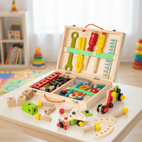 BUILDIBOX – Drewniana skrzynka narzędziowa Montessori do wczesnych umiejętności konstrukcyjnych