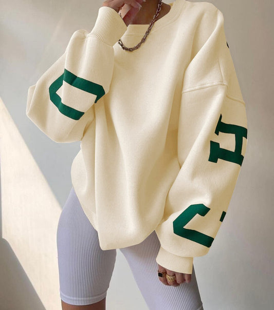 Damska bluza oversize z okrągłym dekoltem ocieplana polarem z rękawami w stylu varsity