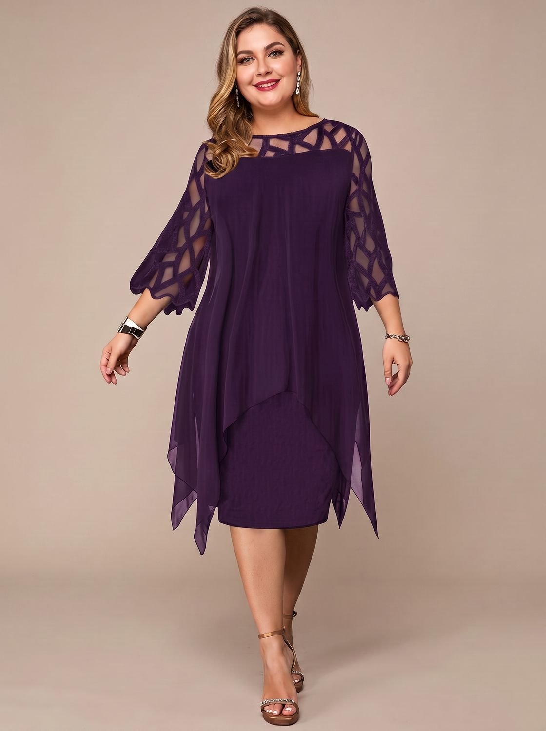 Damska sukienka midi plus size z koronkowym karczkiem i szyfonową narzutką
