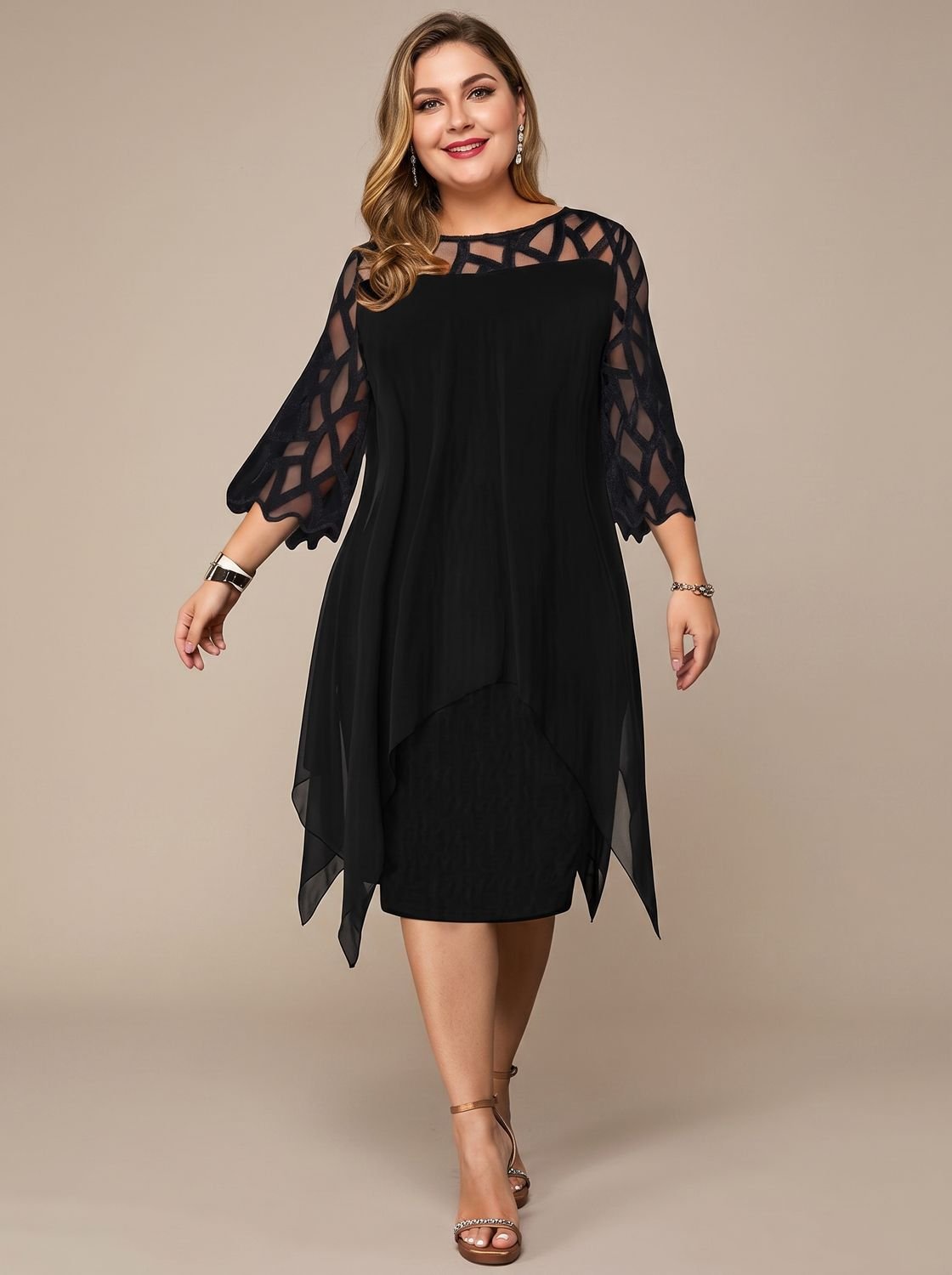Damska sukienka midi plus size z koronkowym karczkiem i szyfonową narzutką