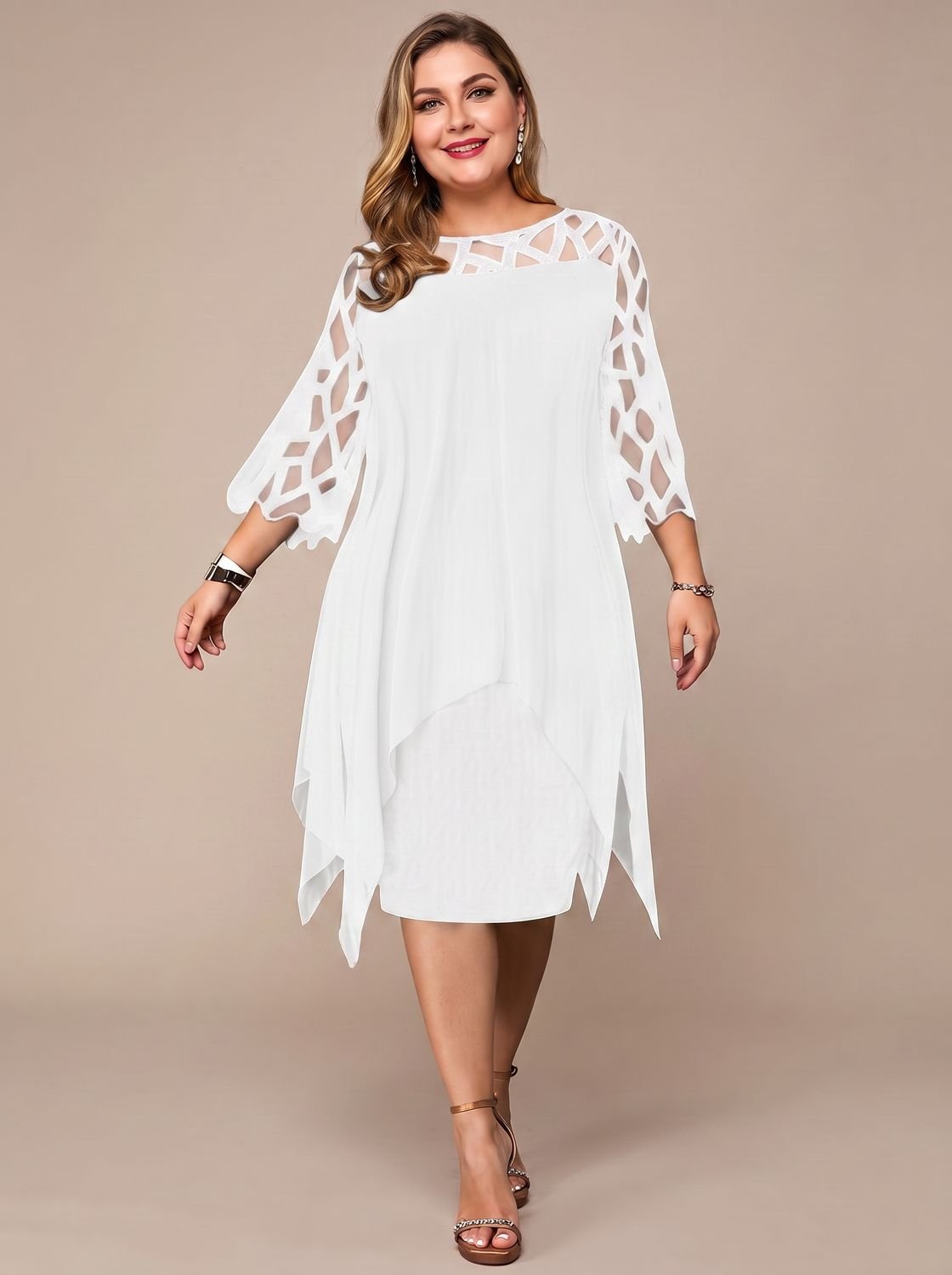 Damska sukienka midi plus size z koronkowym karczkiem i szyfonową narzutką