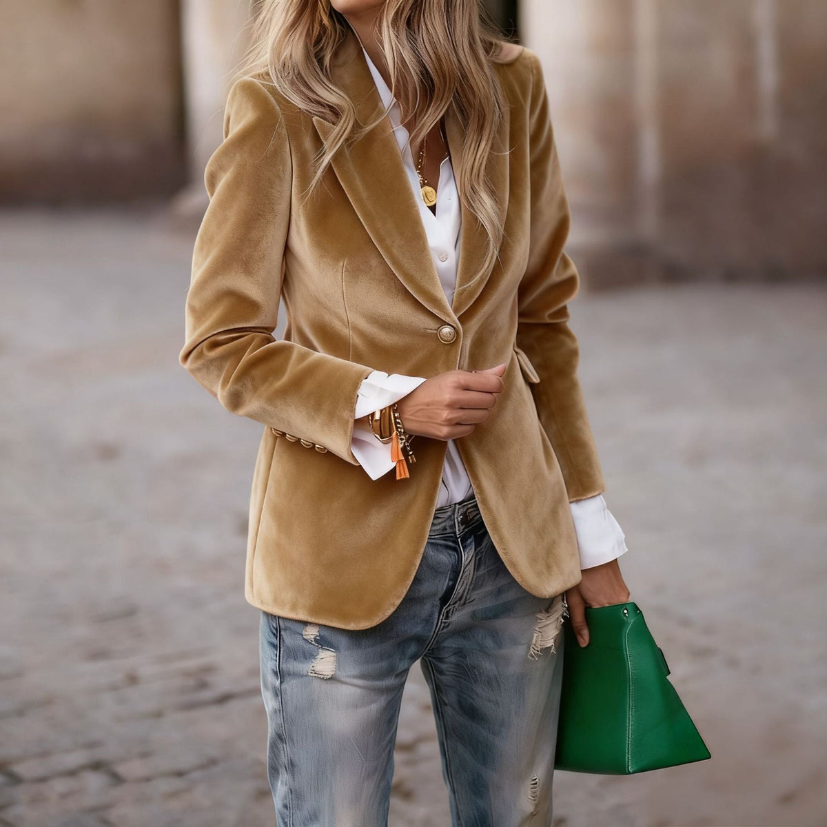 Damska taliowana marynarka welurowa z klapami i złotymi ozdobnymi guzikami