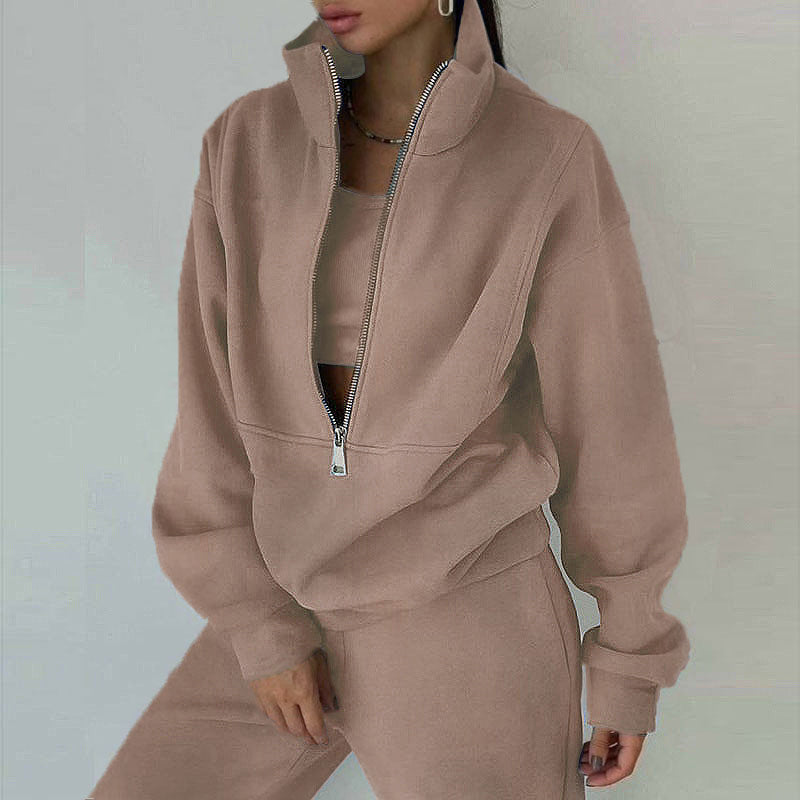 Damski dres z krótką bluzą rozpinaną pod szyją i spodniami dresowymi, ze stójką, o kroju oversize, z miękkiej dzianiny French terry