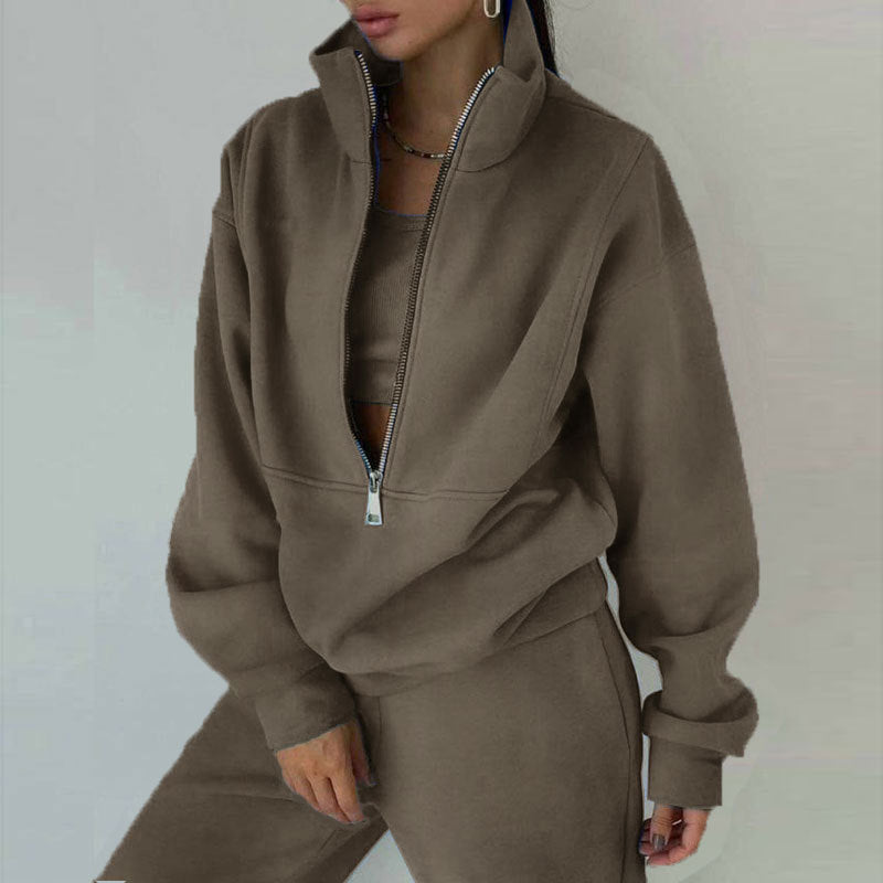 Damski dres z krótką bluzą rozpinaną pod szyją i spodniami dresowymi, ze stójką, o kroju oversize, z miękkiej dzianiny French terry