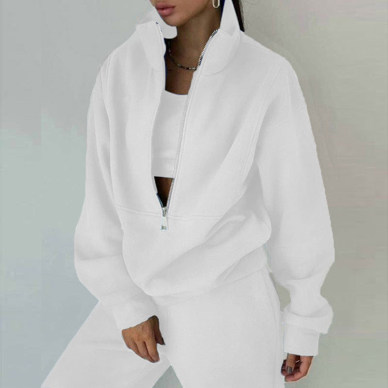Damski dres z krótką bluzą rozpinaną pod szyją i spodniami dresowymi, ze stójką, o kroju oversize, z miękkiej dzianiny French terry