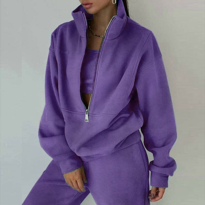 Damski dres z krótką bluzą rozpinaną pod szyją i spodniami dresowymi, ze stójką, o kroju oversize, z miękkiej dzianiny French terry