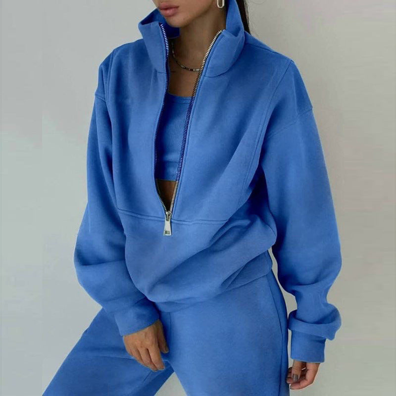 Damski dres z krótką bluzą rozpinaną pod szyją i spodniami dresowymi, ze stójką, o kroju oversize, z miękkiej dzianiny French terry