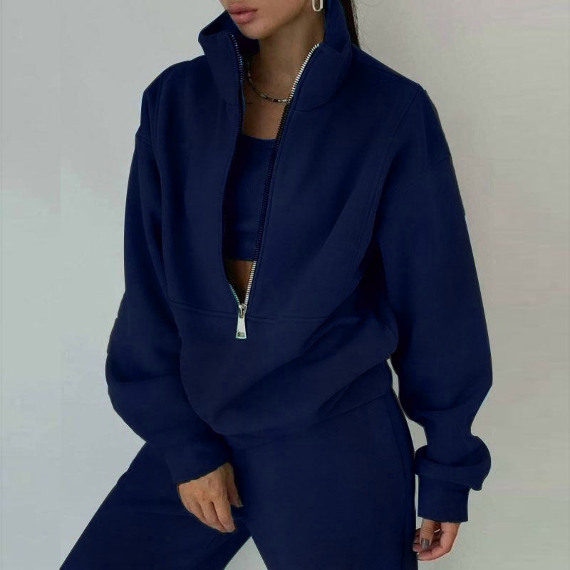 Damski dres z krótką bluzą rozpinaną pod szyją i spodniami dresowymi, ze stójką, o kroju oversize, z miękkiej dzianiny French terry