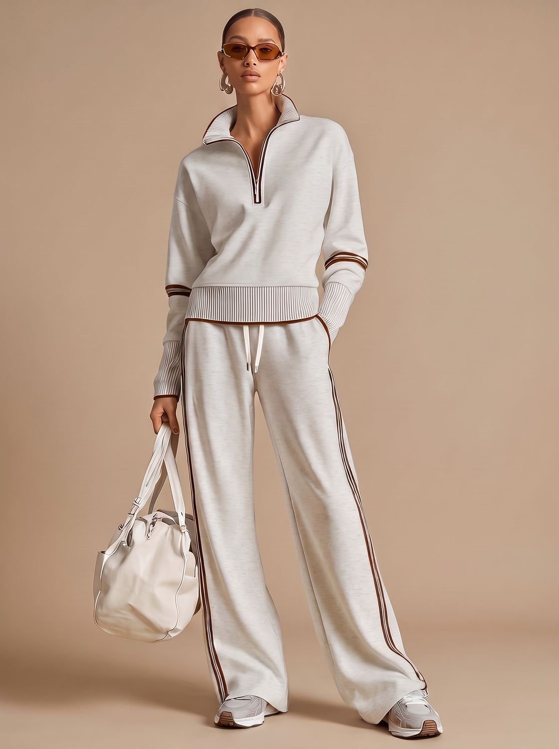 Damski dwuczęściowy komplet loungewear z bluzą na krótki zamek i spodniami z szerokimi nogawkami