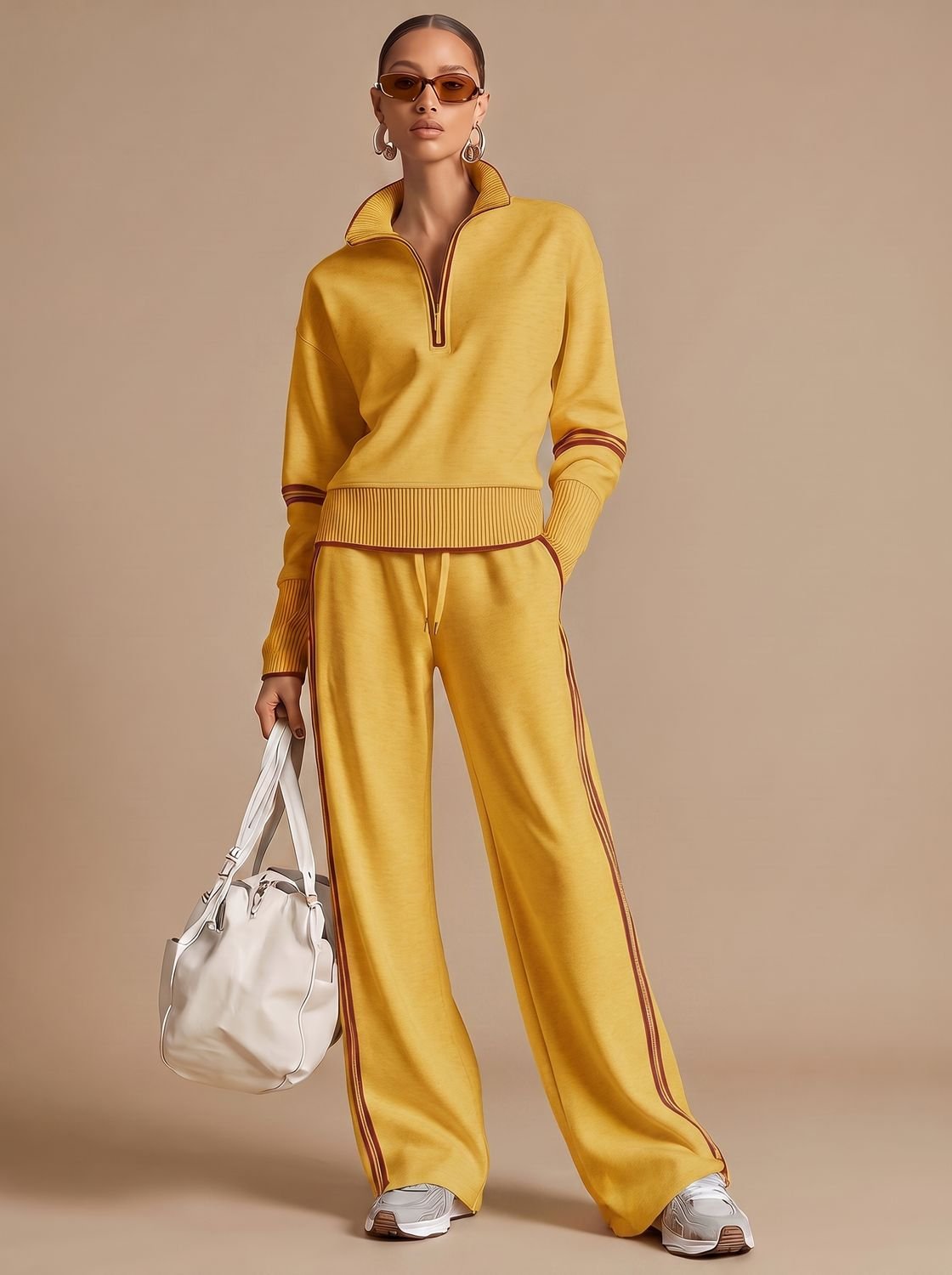 Damski dwuczęściowy komplet loungewear z bluzą na krótki zamek i spodniami z szerokimi nogawkami