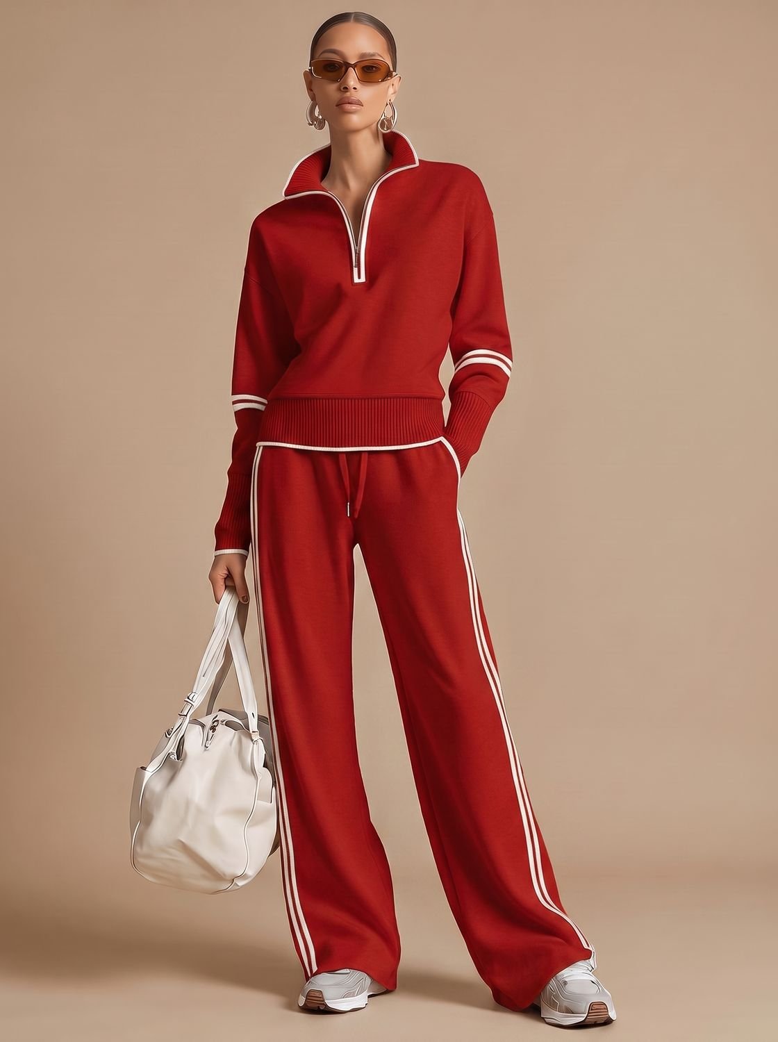 Damski dwuczęściowy komplet loungewear z bluzą na krótki zamek i spodniami z szerokimi nogawkami