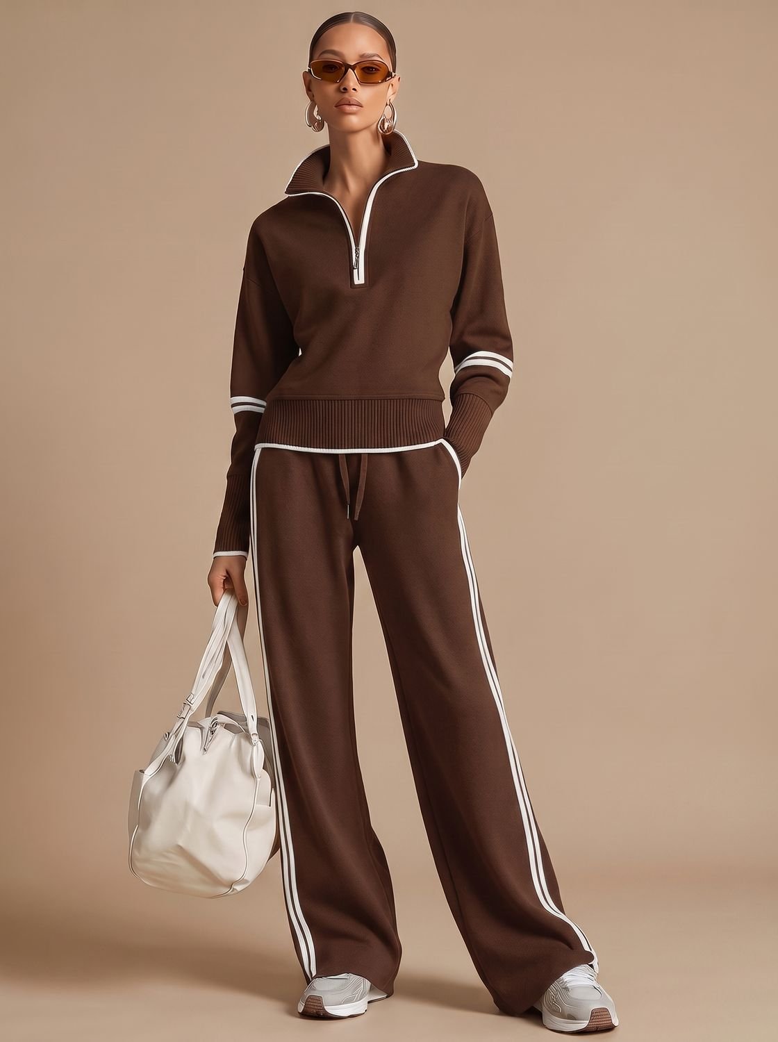 Damski dwuczęściowy komplet loungewear z bluzą na krótki zamek i spodniami z szerokimi nogawkami