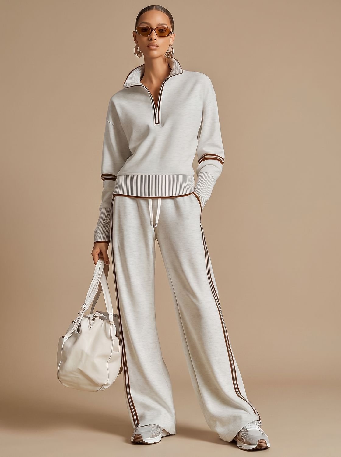 Damski dwuczęściowy komplet loungewear z bluzą na krótki zamek i spodniami z szerokimi nogawkami