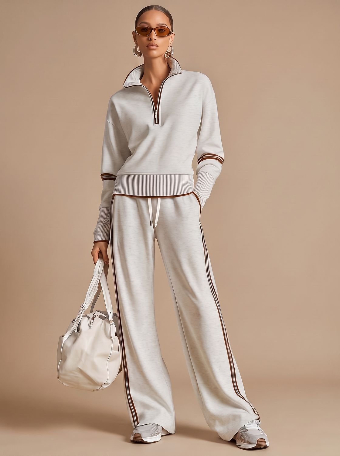 Damski dwuczęściowy komplet loungewear z bluzą na krótki zamek i spodniami z szerokimi nogawkami