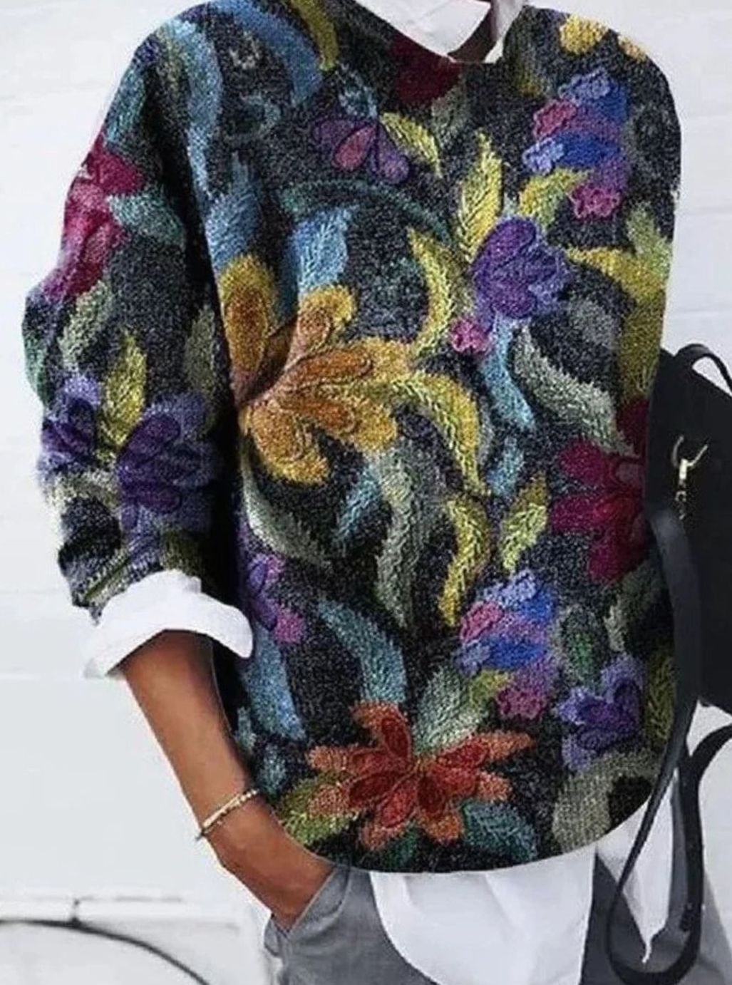 Damski dzianinowy sweter retro w kwiaty z długim rękawem
