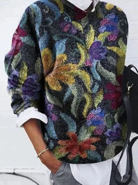 Damski dzianinowy sweter retro w kwiaty z długim rękawem