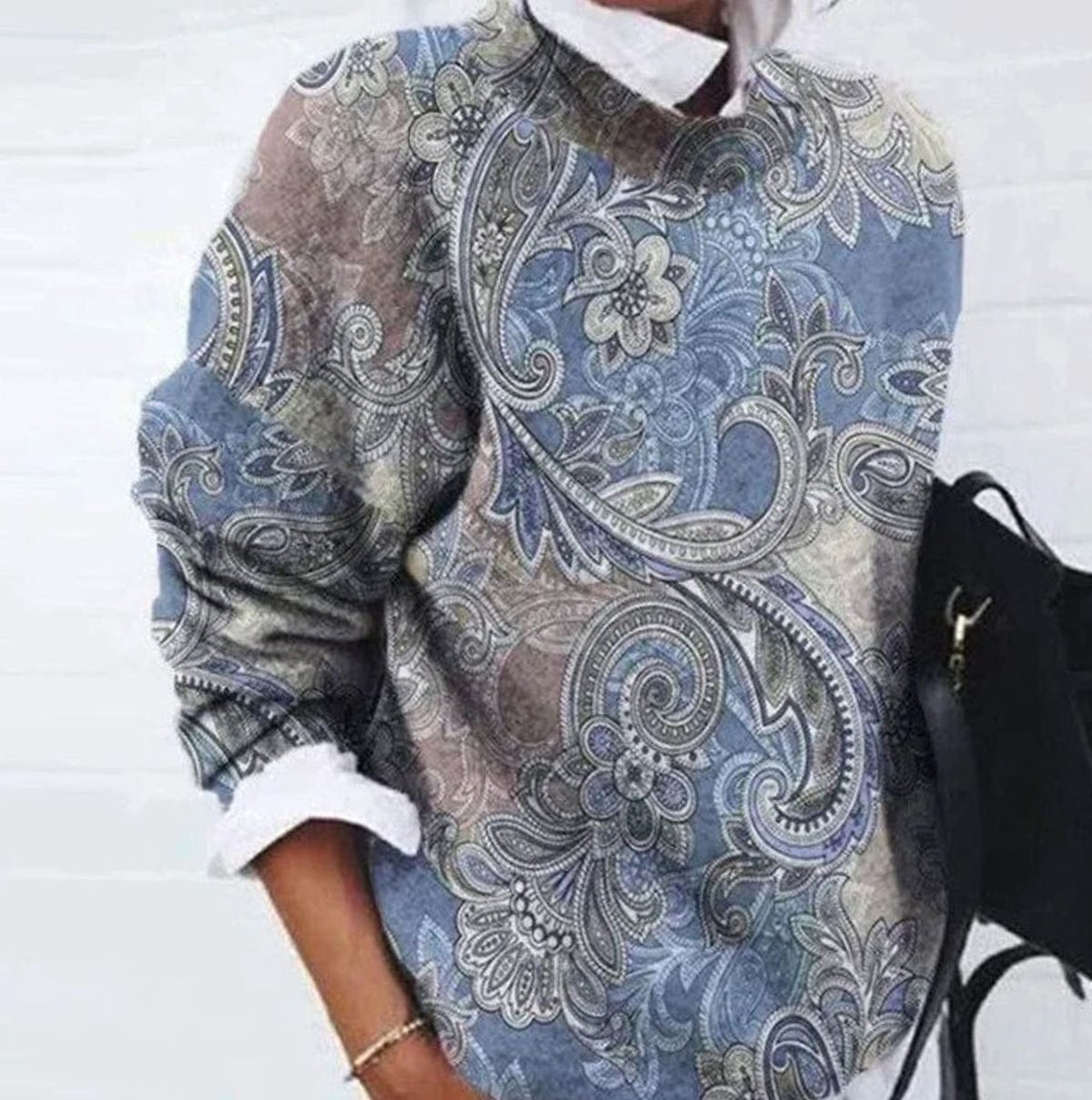 Damski dzianinowy sweter retro w kwiaty z długim rękawem