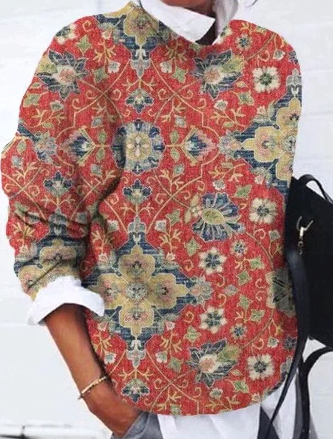 Damski dzianinowy sweter retro w kwiaty z długim rękawem