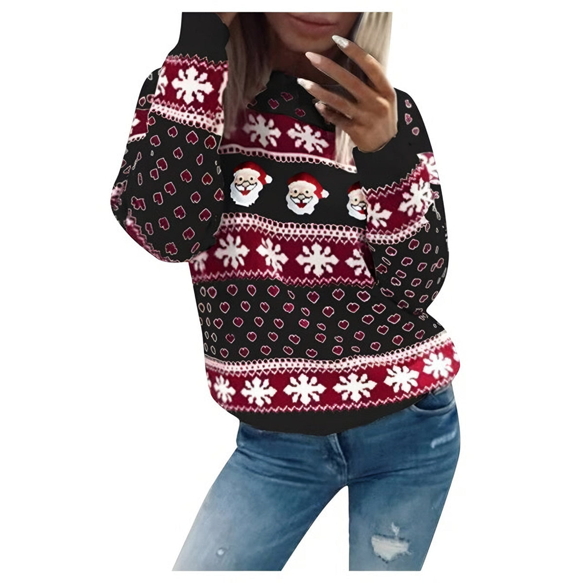 Damski dzianinowy sweter świąteczny z nadrukiem Świętego Mikołaja