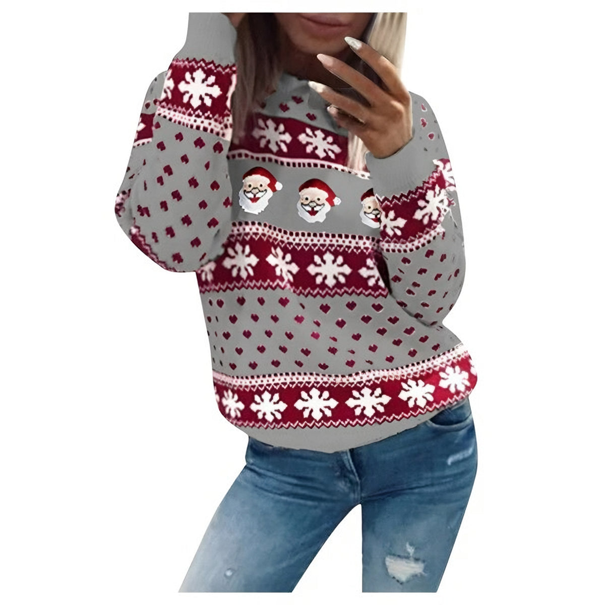 Damski dzianinowy sweter świąteczny z nadrukiem Świętego Mikołaja
