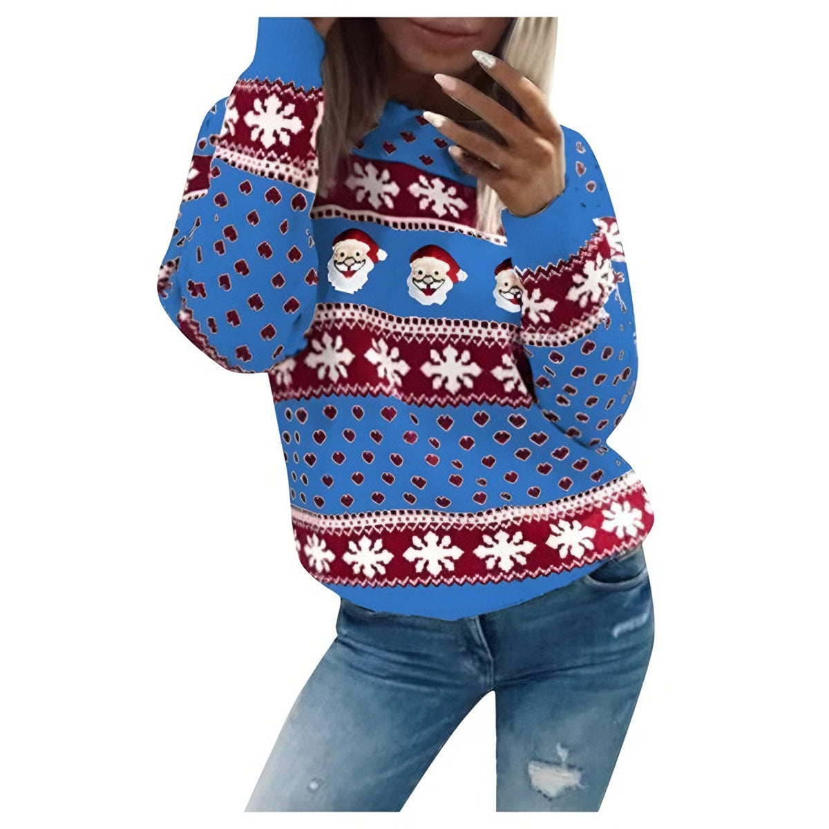 Damski dzianinowy sweter świąteczny z nadrukiem Świętego Mikołaja