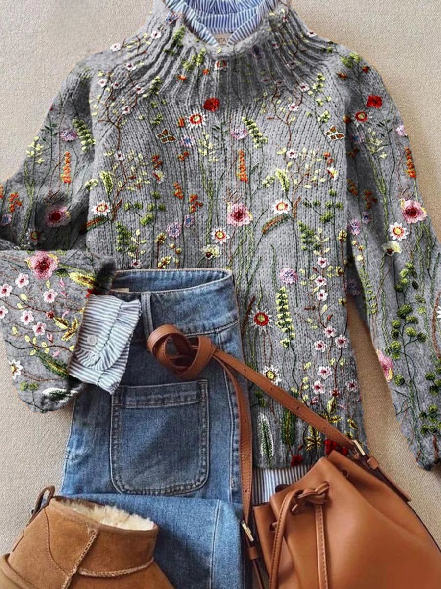 Damski dzianinowy sweter z golfem z haftem kwiatowym