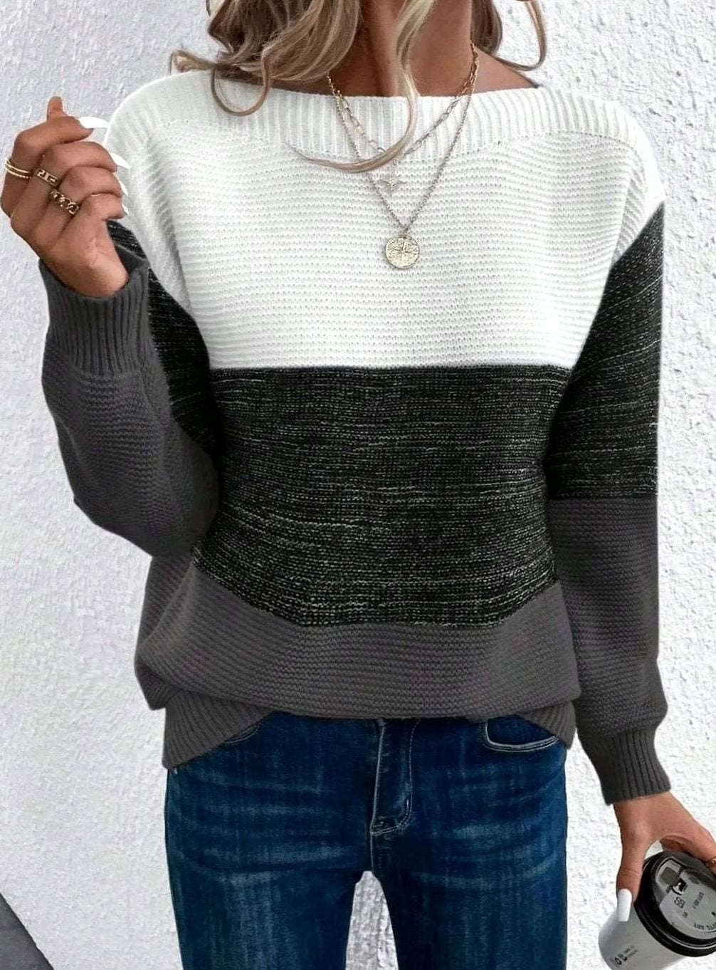 Damski luźny sweter kaszmirowy z golfem color block