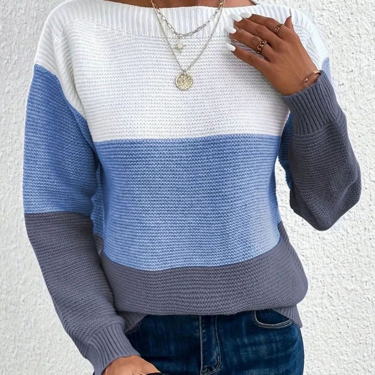 Damski luźny sweter kaszmirowy z golfem color block