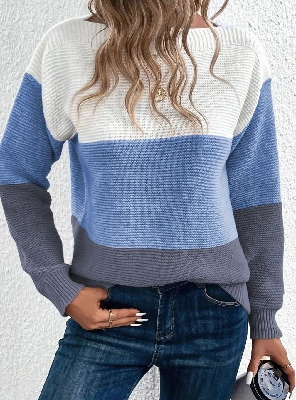 Damski luźny sweter kaszmirowy z golfem color block