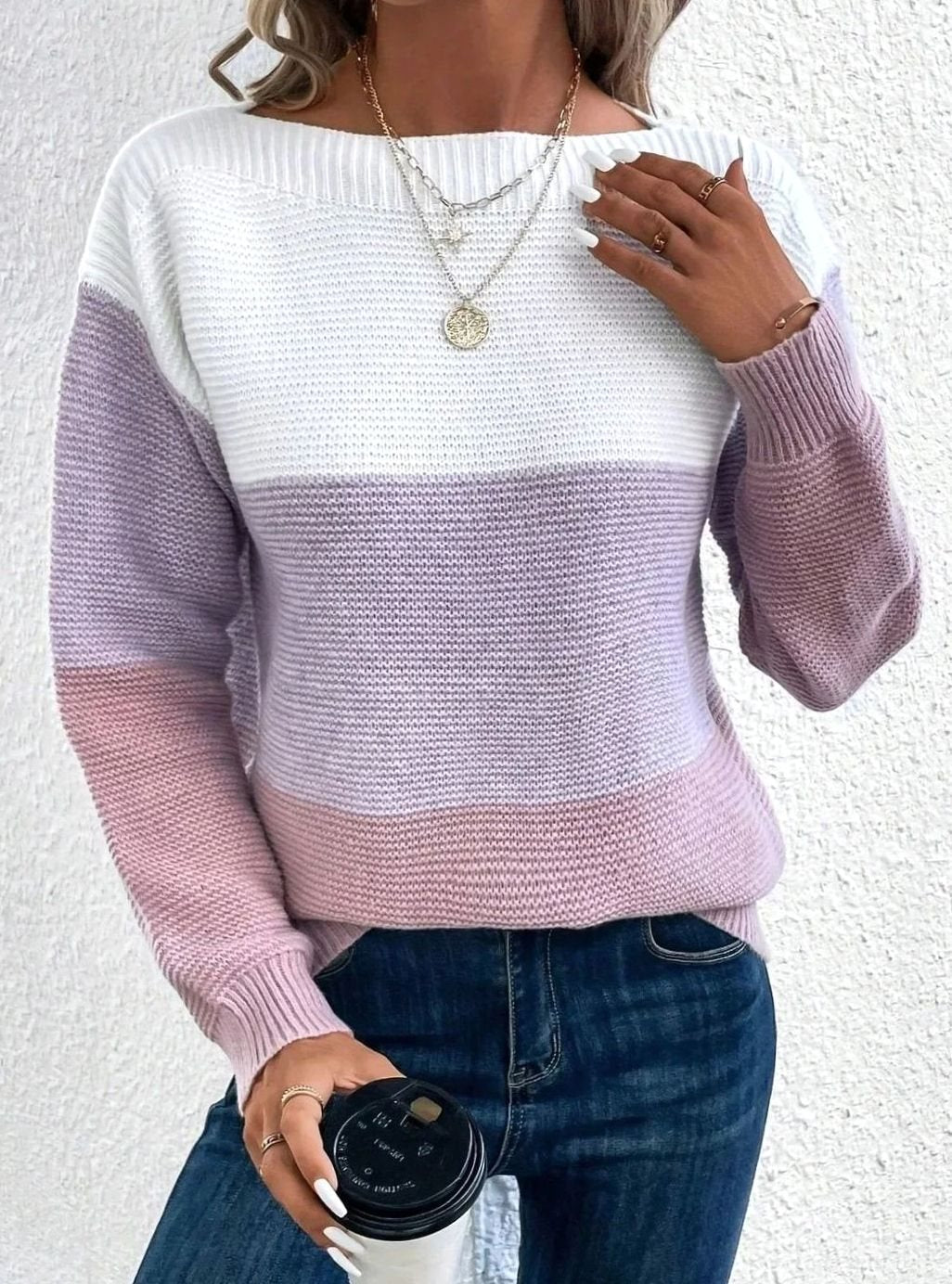 Damski luźny sweter kaszmirowy z golfem color block