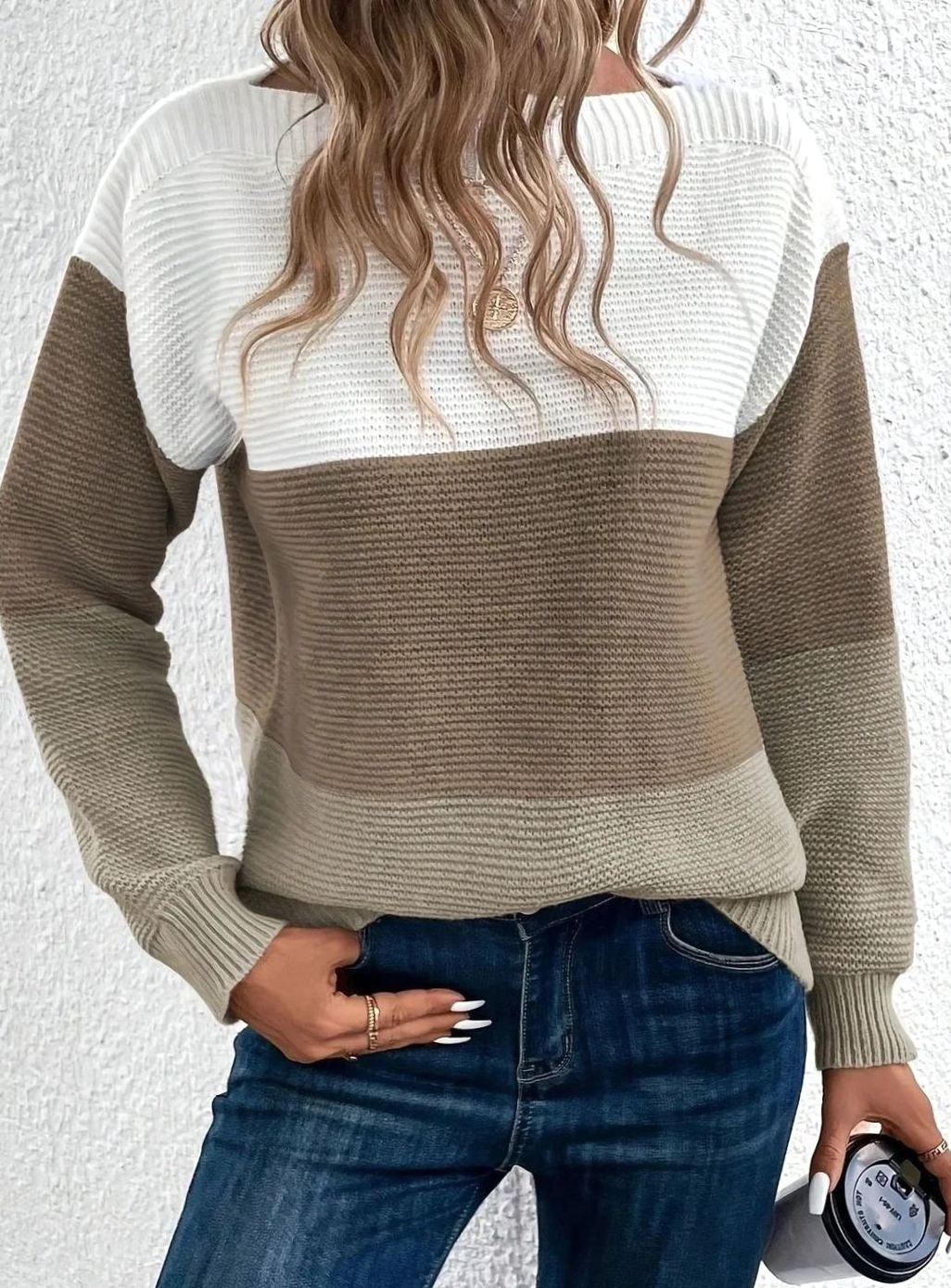 Damski luźny sweter kaszmirowy z golfem color block